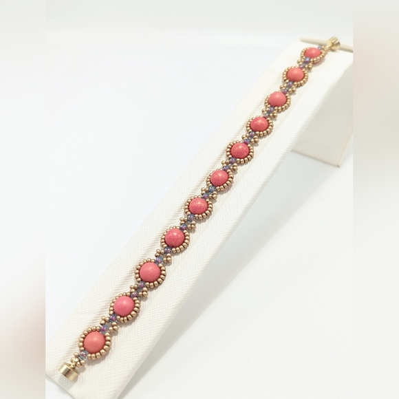 Coral & Gold Beaded, Handmade Bracelet - Picture 2 of 3